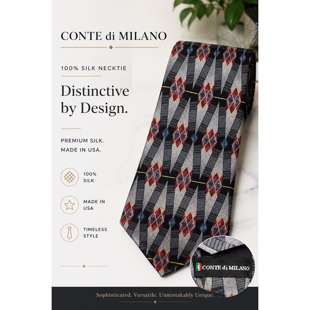 Conte di Milano 100% Silk Geometric Tie — MADE IN USA • ART DECO • VINTAGE